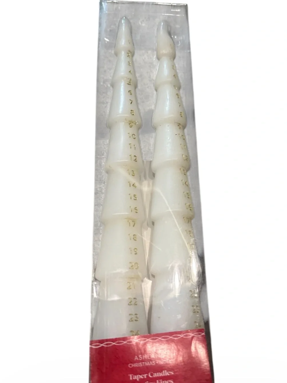 Ashland White Spiral Taper Candles with Gold Numbering Accents